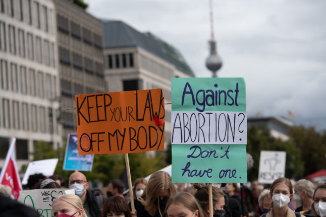 Pro-choice campaigners at a counter-demonstration against a pro-life demo in Berlin in September 2021.