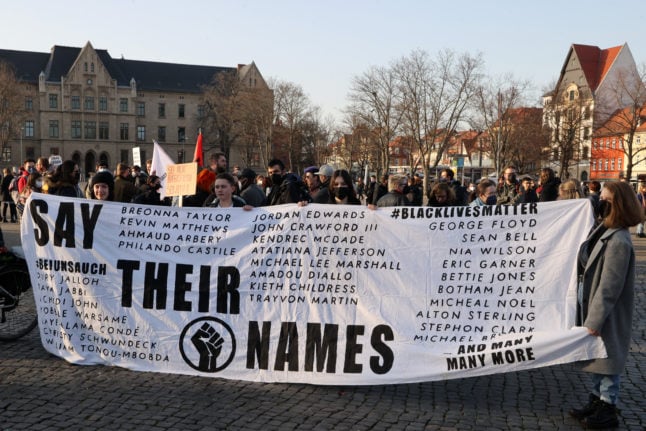 Demonstrators at a rally against racism in Domplatz, Erfurt on March 21st 2022