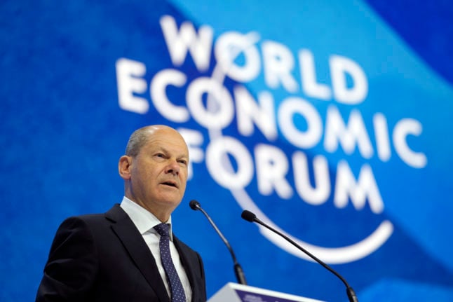 German Chancellor Olaf Scholz speaks at the World Economic Forum in Davos, Switzerland.