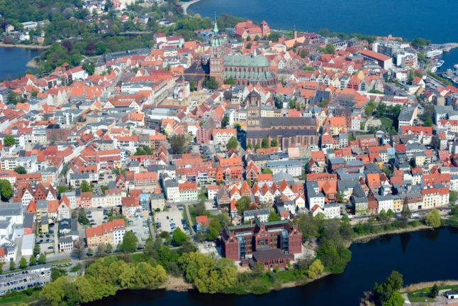 An aerial view of the historic city of Stralsund.