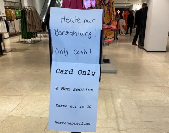 A sign saying 'cash only' at a branch of the store Zara in Berlin. 