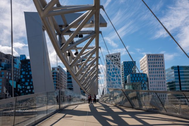 Pictured is the bridge which connects barcode with Grønland in Oslo.