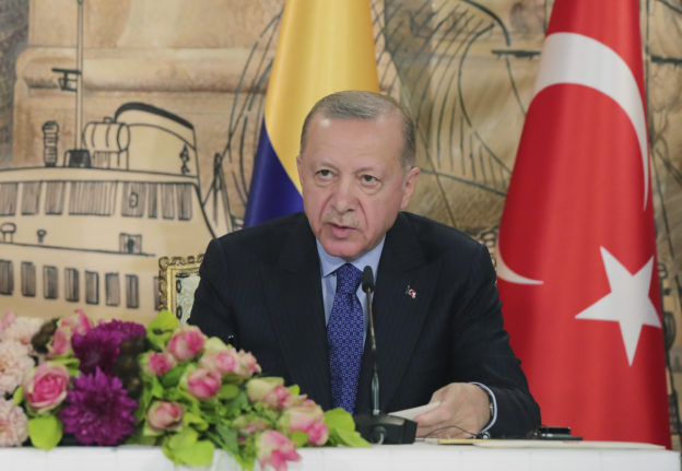 In this photo made available by the Turkish Presidency, Turkish President Recep Tayyip Erdogan speaks during a news conference in Istanbul, Turkey, Friday, May 20th, 2022.