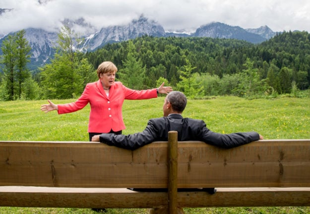 Former German Chancellor Angela Merkel with former US President Barack Obama at the G7 summit in Elmau, Bavaria in August 2015.