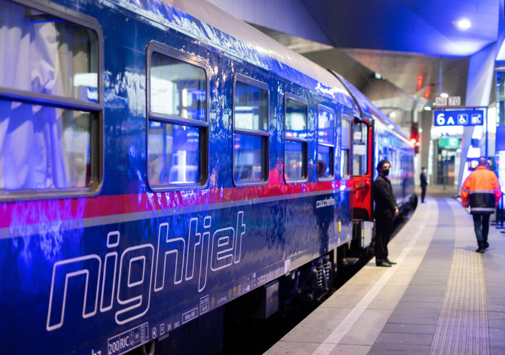 A Nightjet train stands on the track at the main station in Vienna in 2021. 