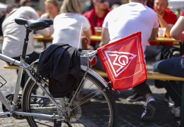 An IG Metall Union flag on a bike in Leipzig on International Workers' Day on May 1st.