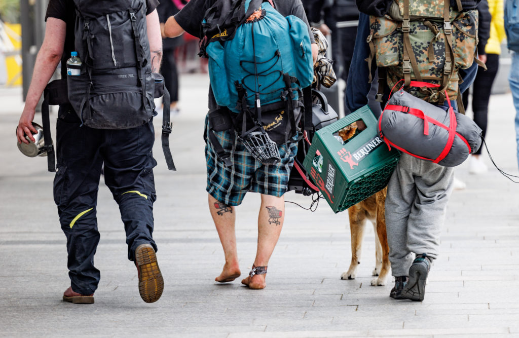 A group of punks strolls through the pedestrian zone of Westerland on the island of Sylt. 