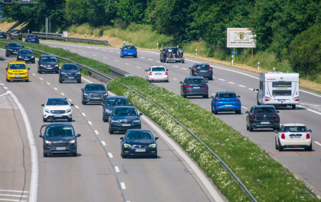 People drive on the Autobahn in Laichingen in Baden-Württemberg. 