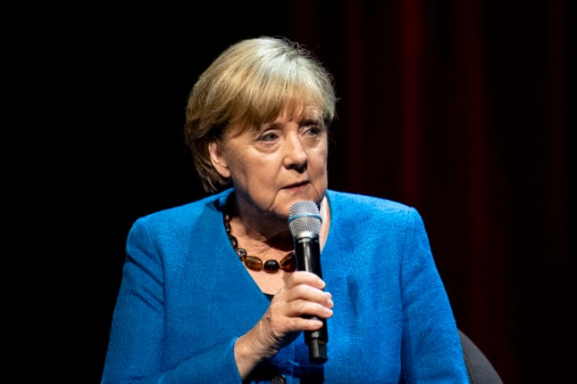 Former German Chancellor Angela Merkel (CDU) speaks at the Berliner Ensemble during her interview called: 'So what is my country?'