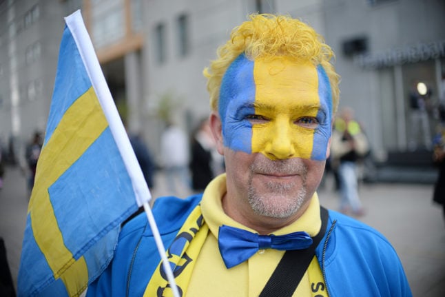 Swedish Fan Tony celebrates shortly before the Grand Final of the 61st annual Eurovision Song Contest, in Stockholm.