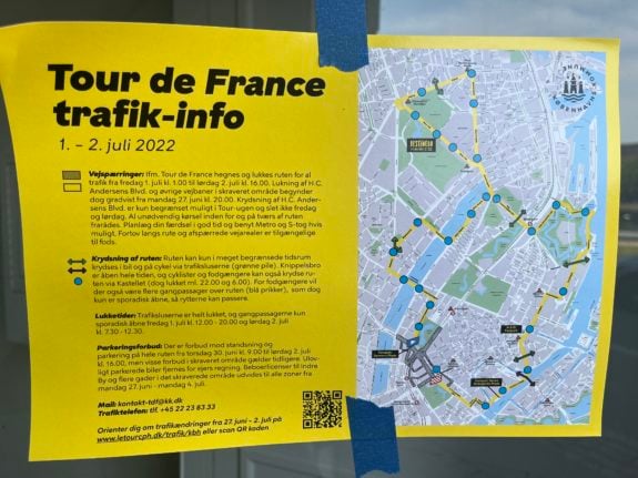 A poster in Copenhagen advising traffic disruptions during the Tour de France
