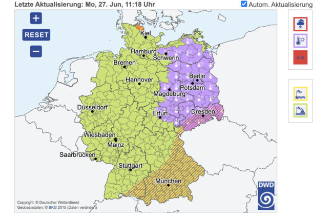 Map of Germany shows the heat warning in the east on Monday June 27th.