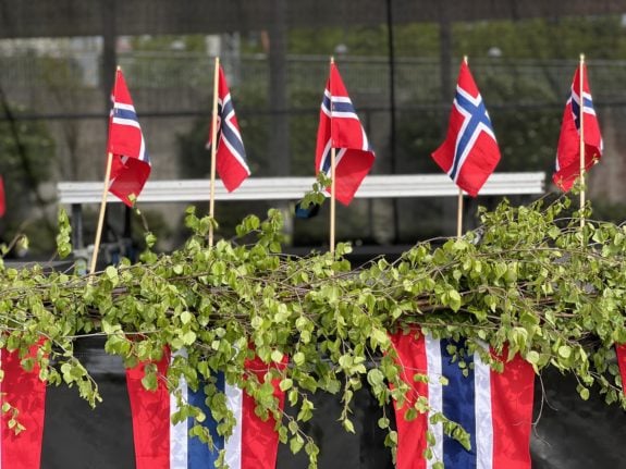 Pictured is a row of Norwegian flags.