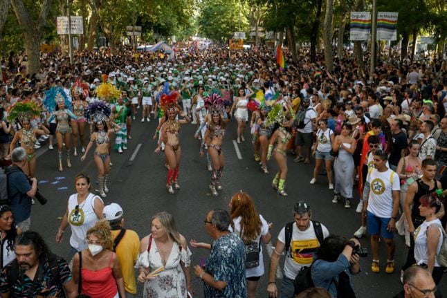 Dancers perform during Pride week in Madrid