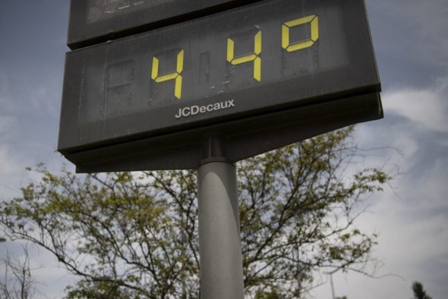 A street thermometer reading 44 degrees Celsius in Seville