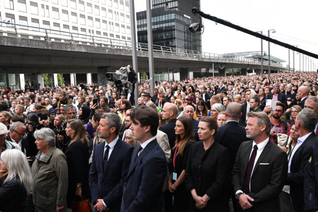 Crown Prince Frederik, Prince Christian and Prime Minister Mette Frederiksen attend a memorial service for the victims of the shooting in Copenhanen on Tuesday 5th July 2022.