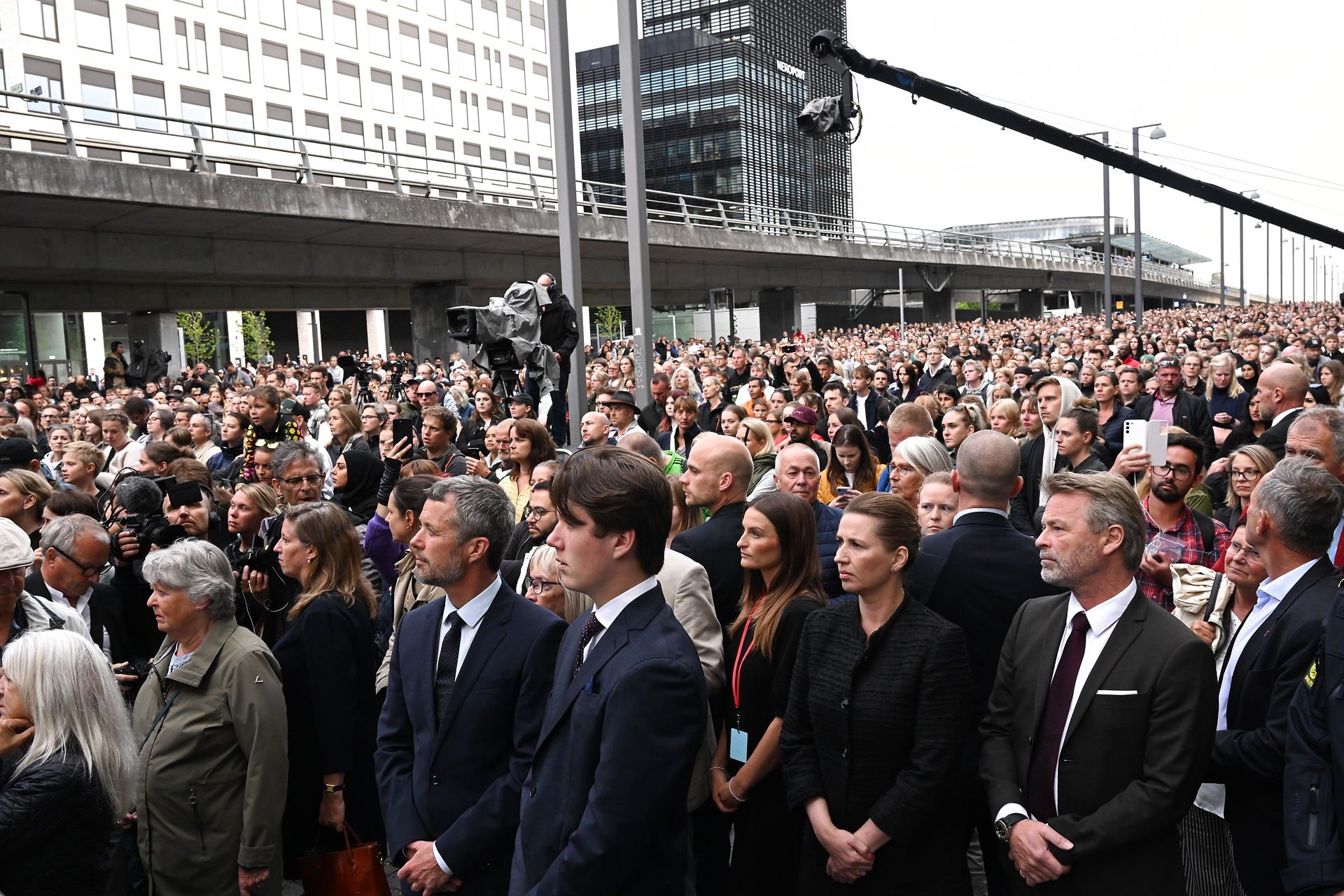Crown Prince Frederik, Prince Christian and Prime Minister Mette Frederiksen attend a memorial service for the victims of the shooting in Copenhanen on Tuesday 5th July 2022.