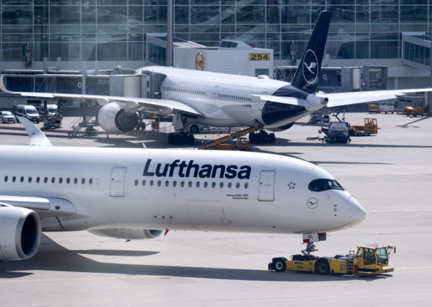 A Lufthansa aeroplane taxis at Munich airport