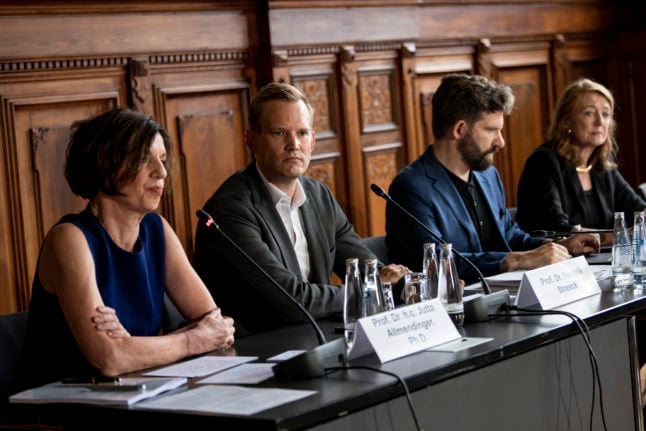 Members of the Covid expert panel Jutta Allmendinger, Hendrik Streeck, Harald Wilkoszewski and Helga Rübsamen-Schaeff speak on Friday. 