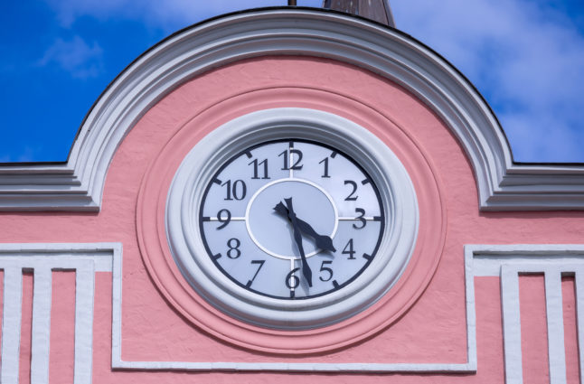 The town hall clock in Rostock, northern Germany.