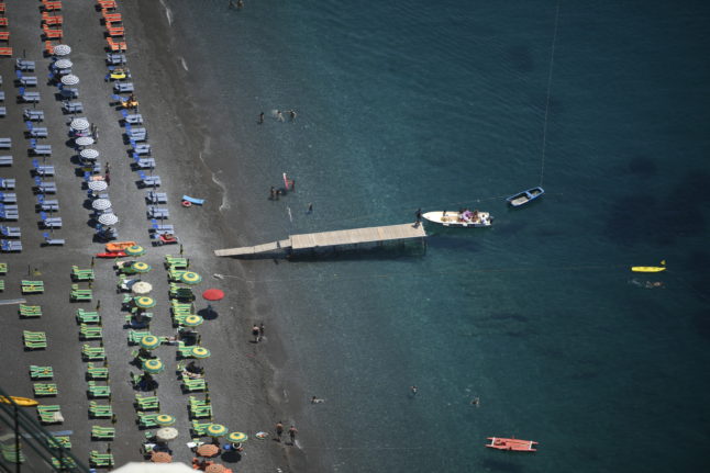 Three adjacent private beaches in Positano, Italy.