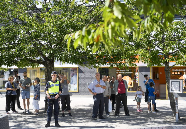 Police presence around a Rasmus Paludan demonstration in Fittja Centrum on Thursday 11th August 2022.
