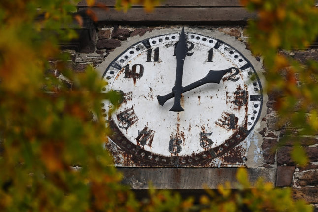 The clock on the tower of the Martin Luther Church in Schönhagen, Lower Saxony.