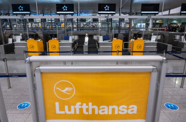 An empty Lufthansa counter in Munich during a strike by ground staff on July 27th.