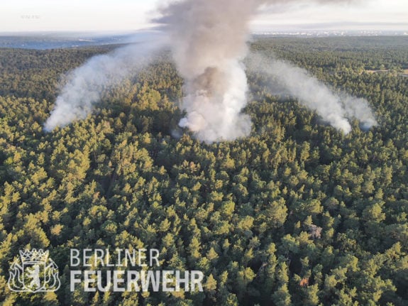 This aerial photo taken by the Berlin Fire Brigade shows the fire in Grunewald.