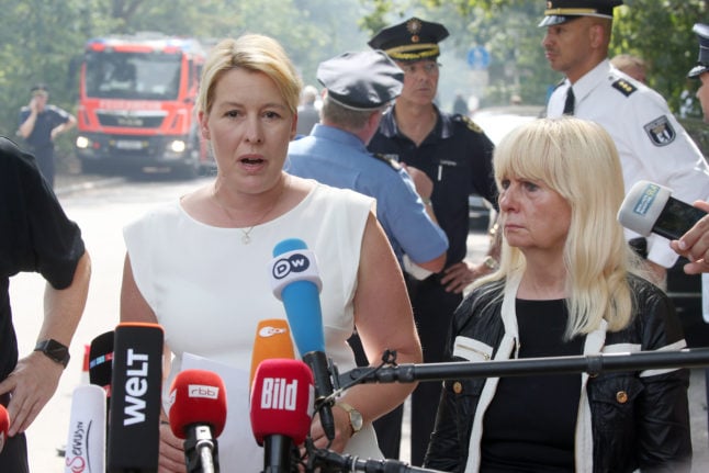 Berlin mayor Franziska Giffey speaks at the scene of the forest fire on Thursday