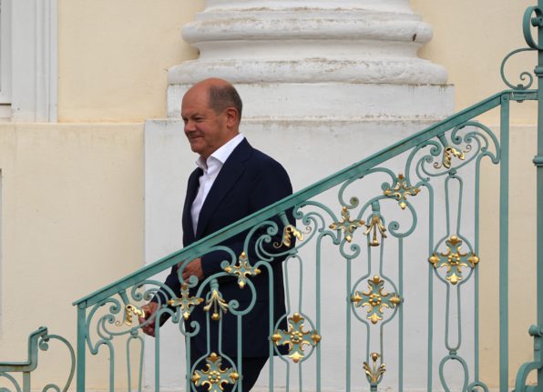 German Chancellor Olaf Scholz pictures at the cabinet retreat on Tuesday.