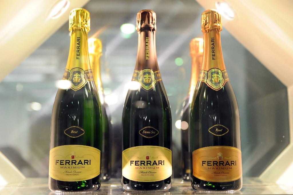 Bottles of Ferrari displayed at the Vinitaly fair.