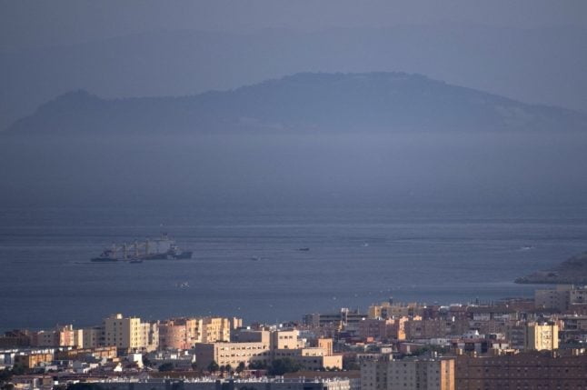 A picture taken on 1st September 2022 from La Linea de la Concepcion shows a view of the damaged OS 35 bulk carrier ship in the Bay of Gibraltar, following a collision with a tanker.