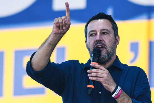 League party leader Matteo Salvini speaks on stage on September 18, 2022 in Pontida, northern Italy, ahead of the September 25 general election.