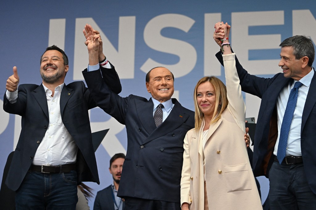 and right-wing parties Brothers of Italy (Fratelli d'Italia, FdI), the League (Lega) and Forza Italia at Piazza del Popolo in Rome, ahead of the September 25 general election. 