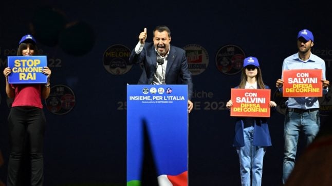 Lega leader Matteo Salvini delivers a speech at an election rally.