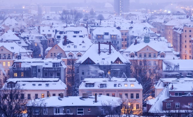 Houses covered with snow in Leipzig in winter.