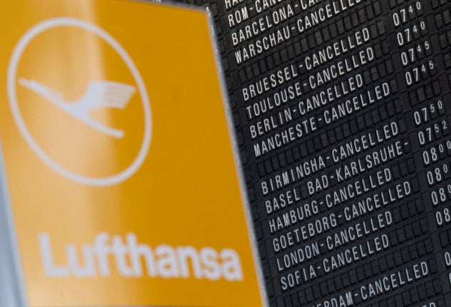 A departure board at Frankfurt airport shows cancelled flights after Lufthansa pilots walked out on strike.