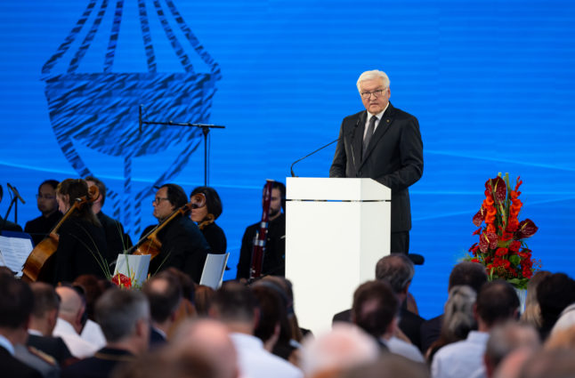 German President Frank-Walter Steinmeier, attends the commemoration ceremony to mark the 50th anniversary of the attack on Israeli athletes at the 1972 Munich Olympics.