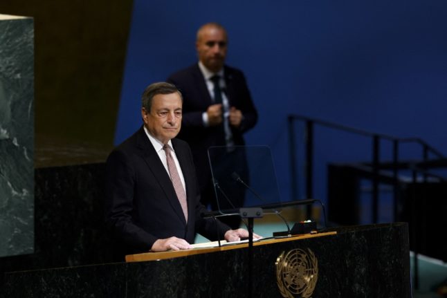 Italian Prime Minister Mario Draghi speaks at the 77th session of the United Nations General Assembly (UNGA) at U.N. headquarters on September 20, 2022 in New York City.