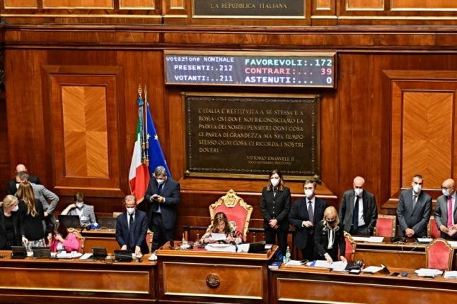 President of the Italian Senate Maria Elisabetta Alberti Casellati (C) reads the results of the vote in the Senate hall after a vote of confidence to the prime minister at Palazzo Madama in Rome on July 14, 2022.