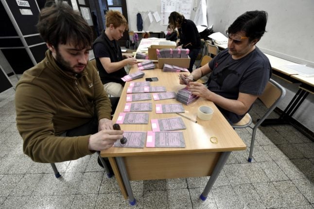 Italian polling station and ballot papers being prepared.