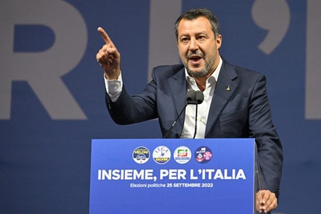 Lega leader Matteo Salvini delivers a speech on stage on September 22, 2022 during a joint rally of Italy's right-wing parties Brothers of Italy (Fratelli d'Italia, FdI), the League (Lega) and Forza Italia at Piazza del Popolo in Rome.