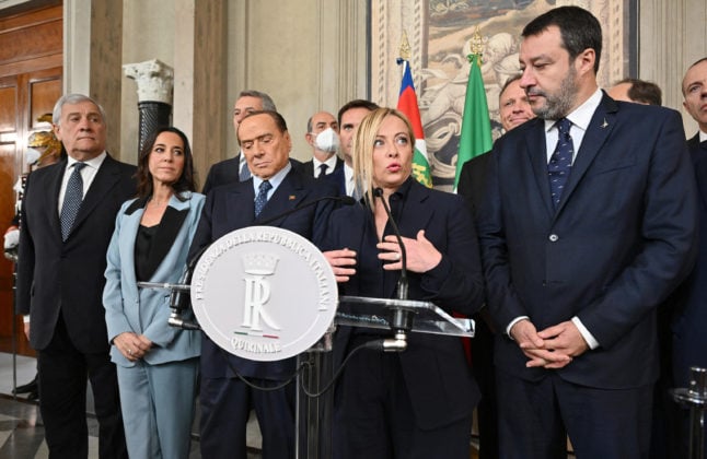 President of the Brothers of Italy Giorgia Meloni surrounded by (from L to R) member of the Chamber of Deputies Antonio Tajani, Senator Licia Ronzulli, former Prime Minister and leader of Forza Italia (FI) party Silvio Berlusconi and Italian Lega party leader Matteo Salvini in Rome on October 21, 2022.