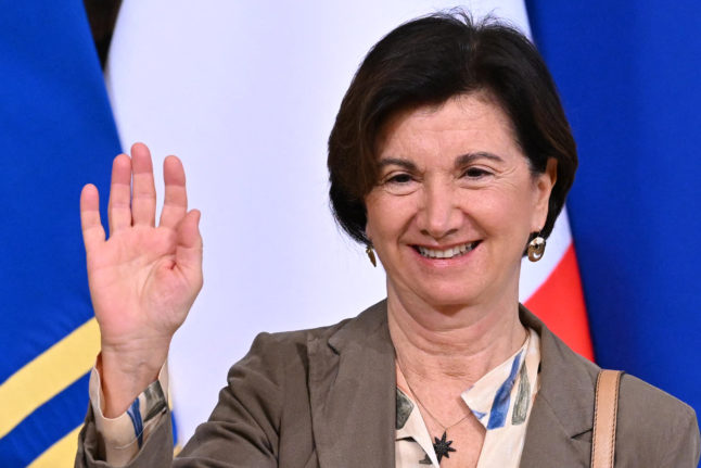 Italy's new Minister for the Family, Birthrate and Equal Opportunities Eugenia Roccella poses prior to the new government's first Cabinet meeting on October 23, 2022 at Palazzo Chigi in Rome. 