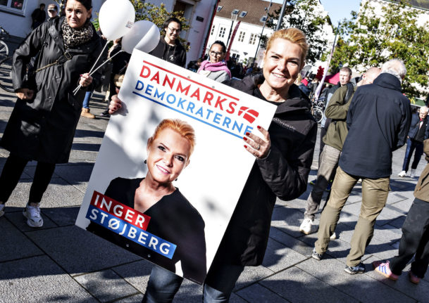 Inger Støjberg, leader of the Denmark Democrats, with an election poster on 8th October 2022.