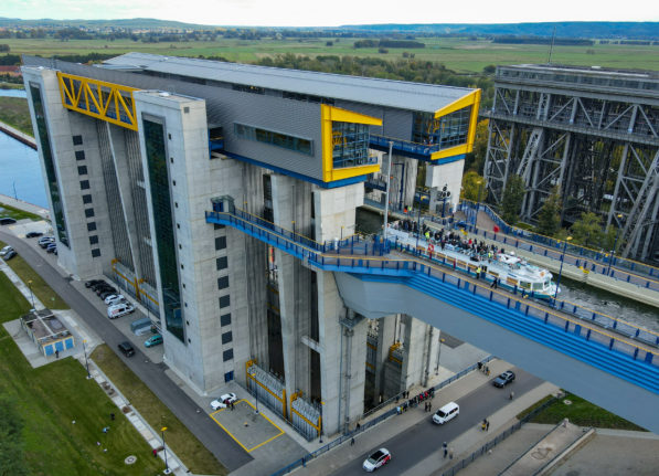 A ship comes out of the new lift in Niederfinow. 