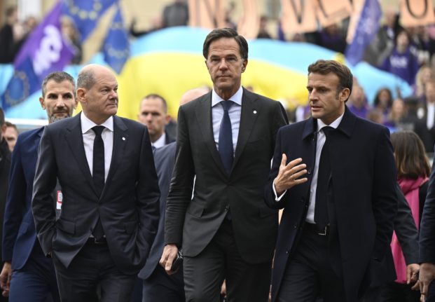German Chancellor Olaf Scholz with Mark Rutte, Prime Minister of the Netherlands, and French President Emmanuel Macron, during the European Political Community meeting on October 7th.