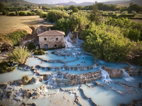 The free Cascate del Mulino thermal pools in Saturnia, Tuscany.
