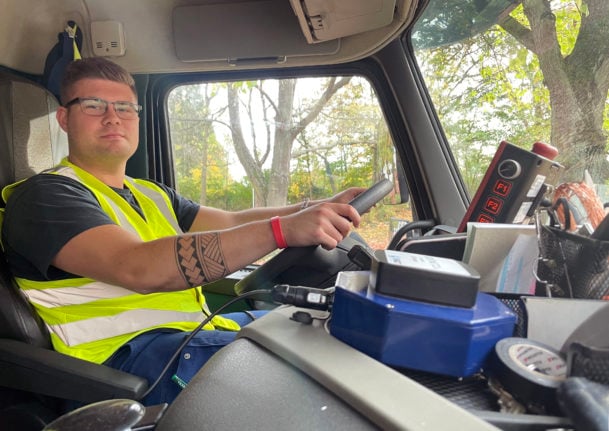 Jonny Basner, 21, drives the local garbage truck around the district of Wusterhausen, with the mobile network measuring device 'Echtzeit' on November 3rd, 2022